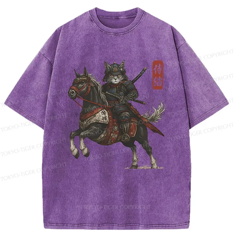 Tokyo-Tiger Cat Samurai Riding A Horse Washed T-Shirt