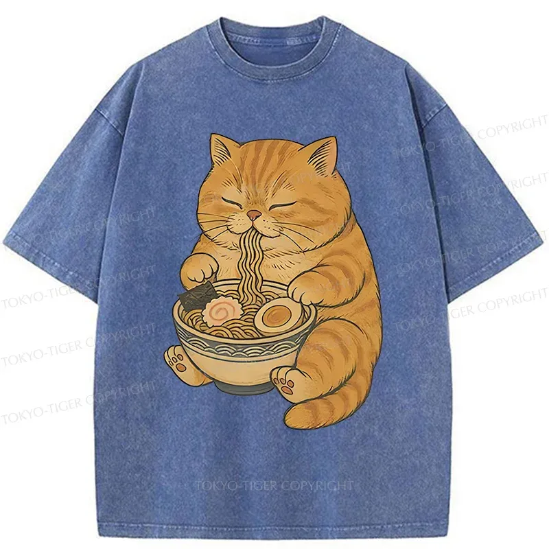 Tokyo-Tiger Orange Cat Eating Ramen Washed T-Shirt