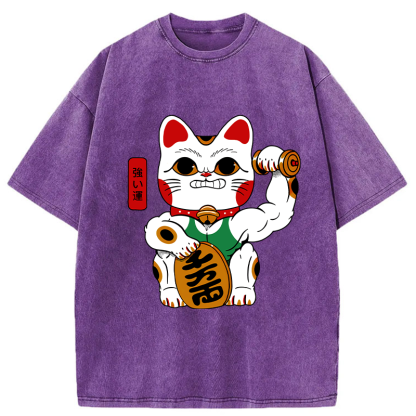 Tokyo-Tiger Muscular Lucky Cat Washed T-Shirt