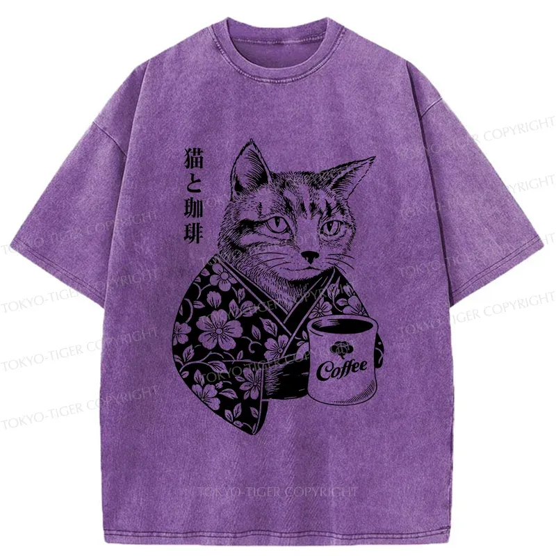 Tokyo-Tiger Cat And Coffee Washed T-Shirt