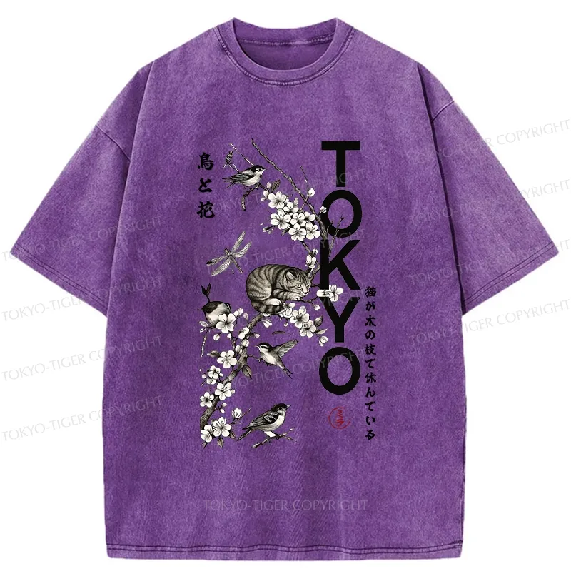 Tokyo-Tiger Cat Resting On A Branch Washed T-Shirt