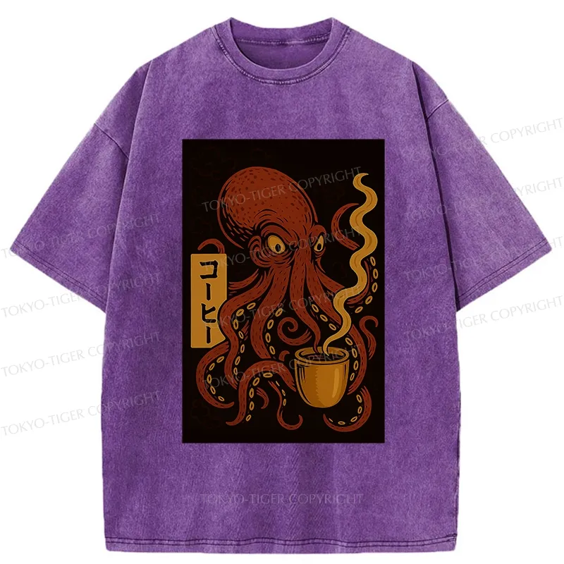 Tokyo-Tiger Octopus Drinking Coffee Washed T-Shirt