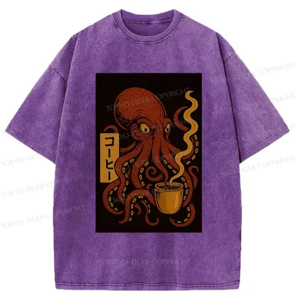 Tokyo-Tiger Octopus Drinking Coffee Washed T-Shirt
