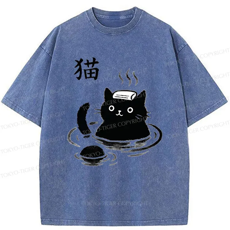 Tokyo-Tiger Cat Bathing In Hot Spring Washed T-Shirt
