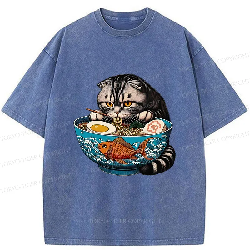 Tokyo-Tiger American Shorthair Cat Eating Ramen Washed T-Shirt