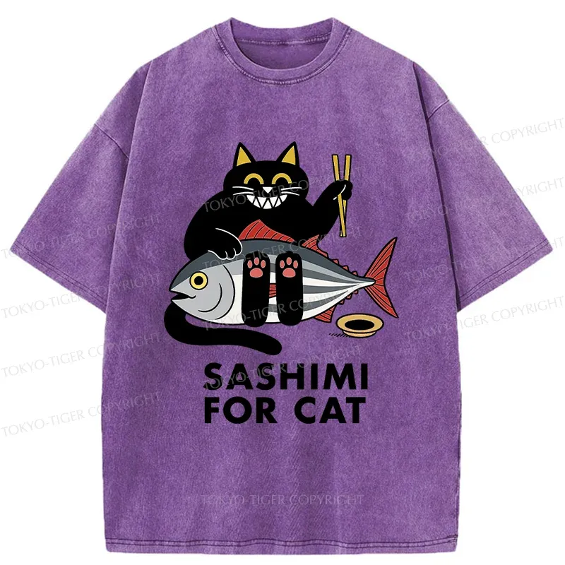 Tokyo-Tiger Black Cat Eating Sashimi Washed T-Shirt