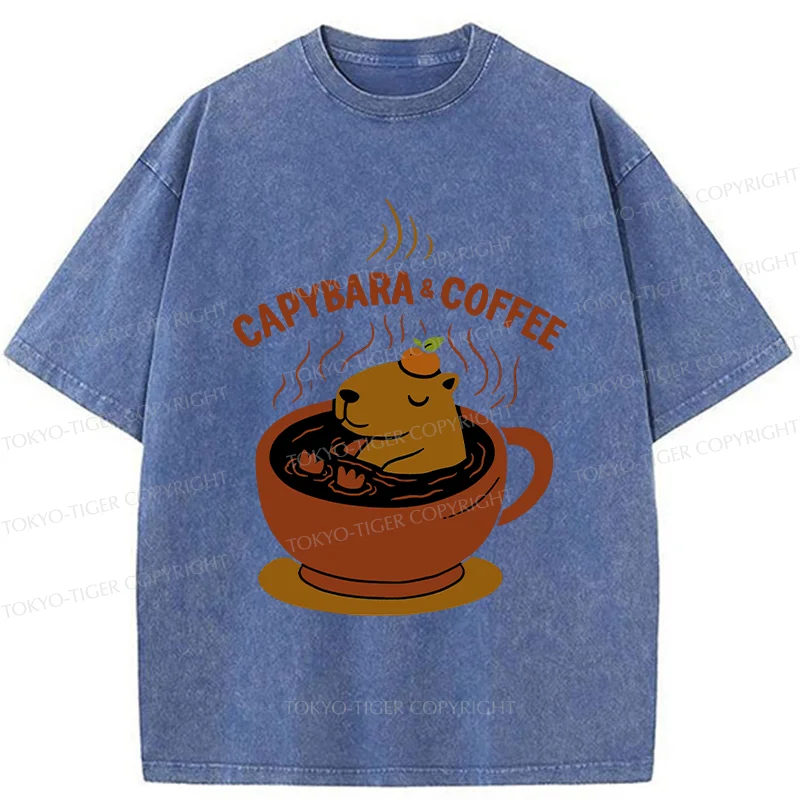 Tokyo-Tiger Capybara Coffee Funny Washed T-Shirt