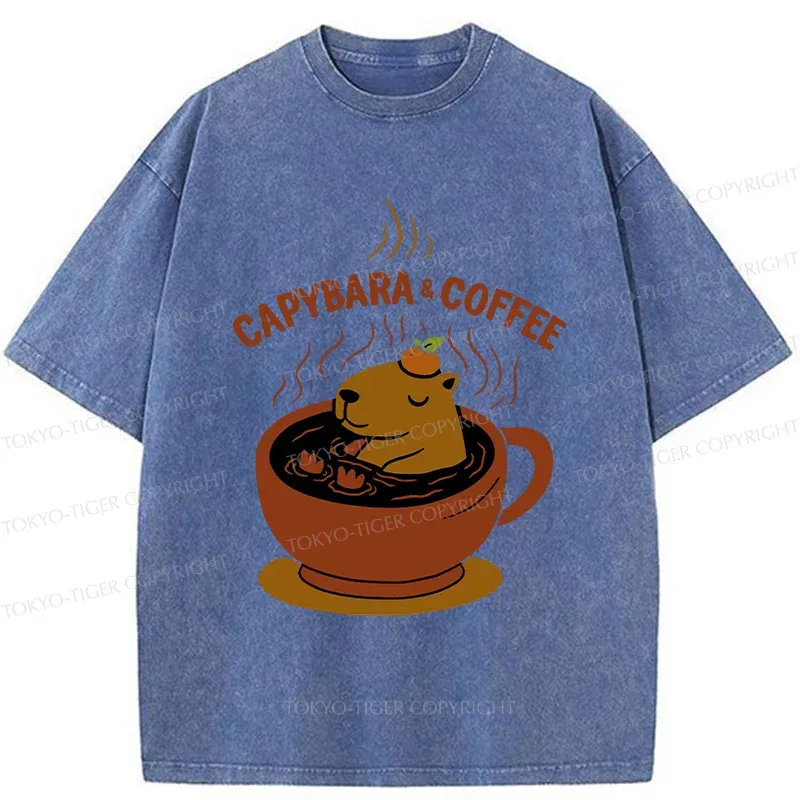 Tokyo-Tiger Capybara Coffee Funny Washed T-Shirt
