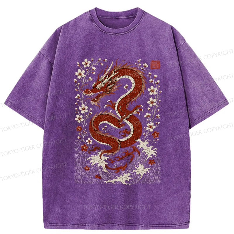 Tokyo-Tiger Retro Dragon And Sakura Washed T-Shirt