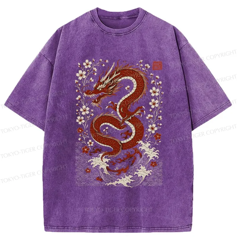 Tokyo-Tiger Retro Dragon And Sakura Washed T-Shirt