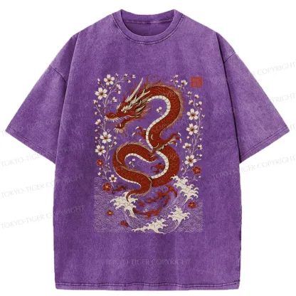 Tokyo-Tiger Retro Dragon And Sakura Washed T-Shirt