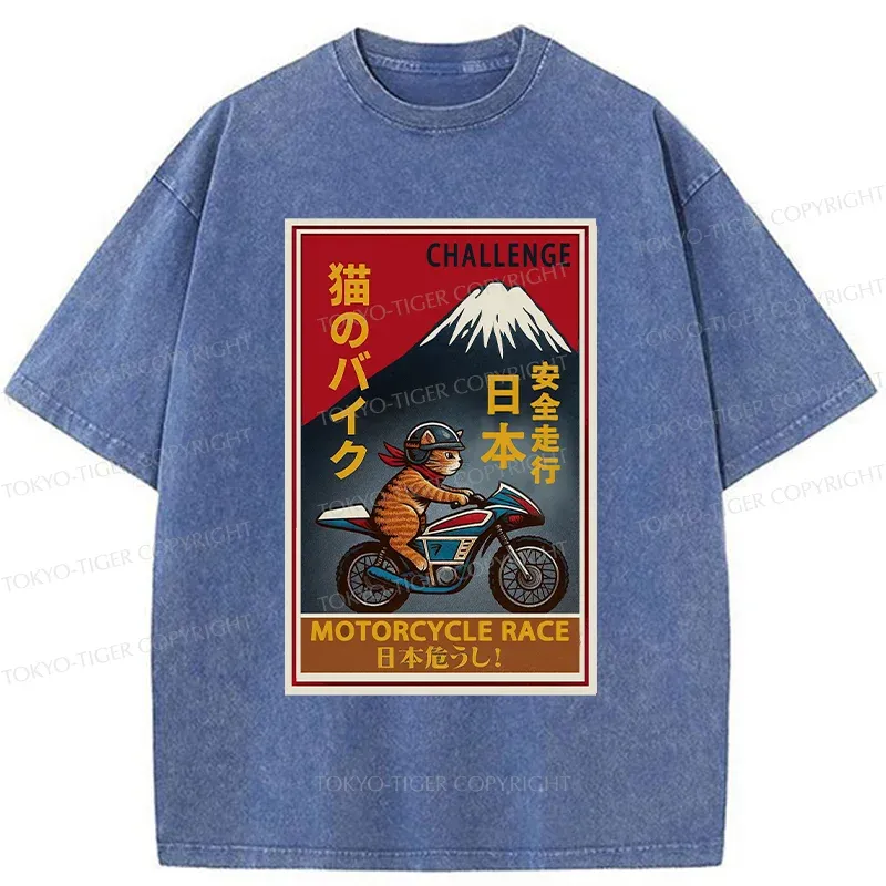 Tokyo-Tiger Cat Riding A Motorcycle Washed T-Shirt
