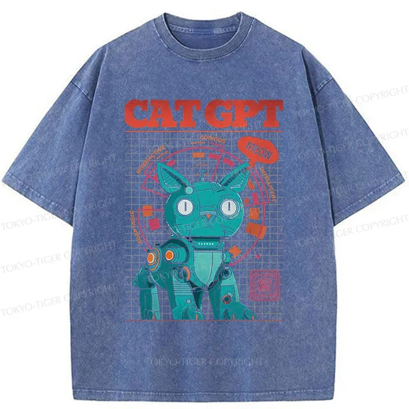 Tokyo-Tiger Machine Cat Retro Washed T-Shirt