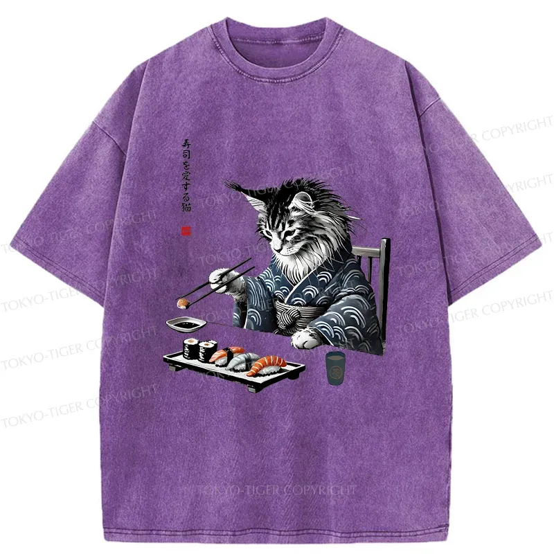 Tokyo-Tiger Cat Eating Sushi Japan Washed T-Shirt