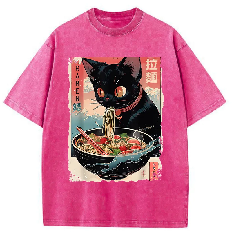 Tokyo-Tiger Black Cat Eating Ramen Japanese Washed T-Shirt