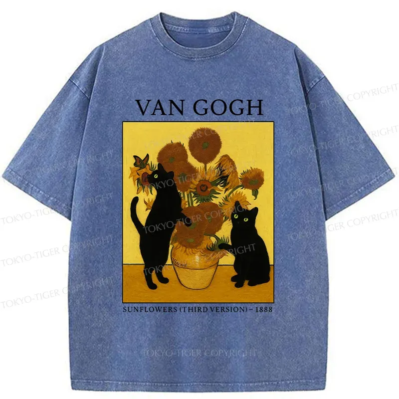 Tokyo-Tiger Sunflower And Cat Washed T-Shirt