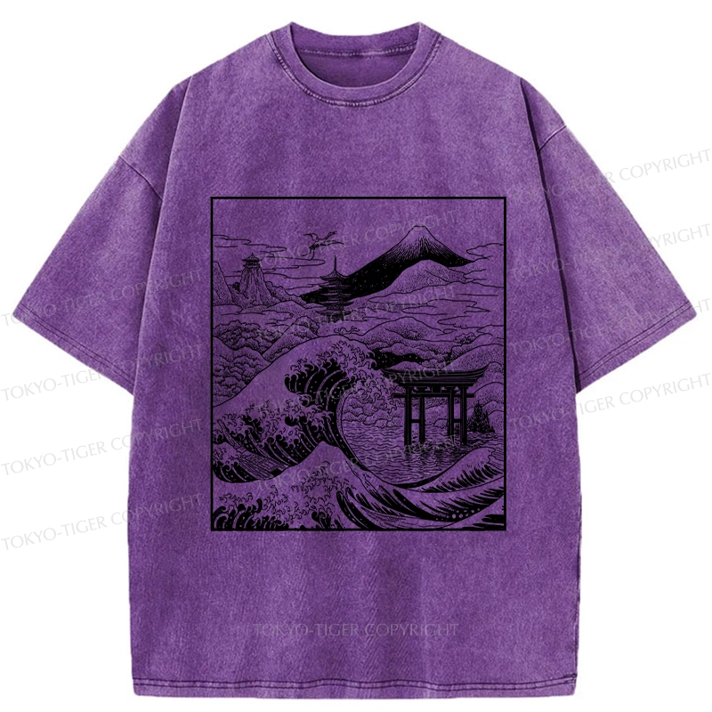 Tokyo-Tiger Retro Japanese landscape Washed T-Shirt