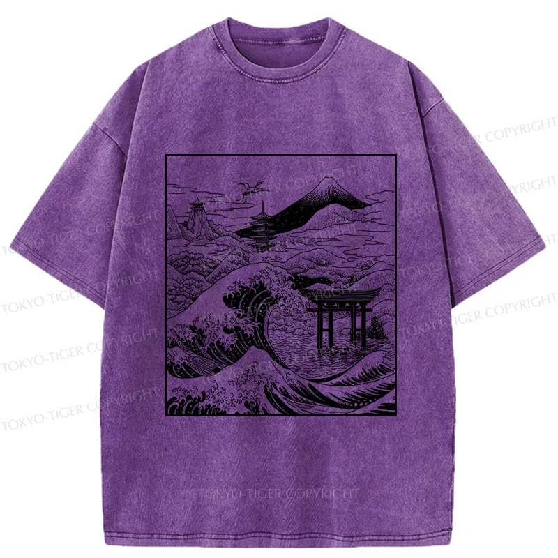 Tokyo-Tiger Retro Japanese landscape Washed T-Shirt