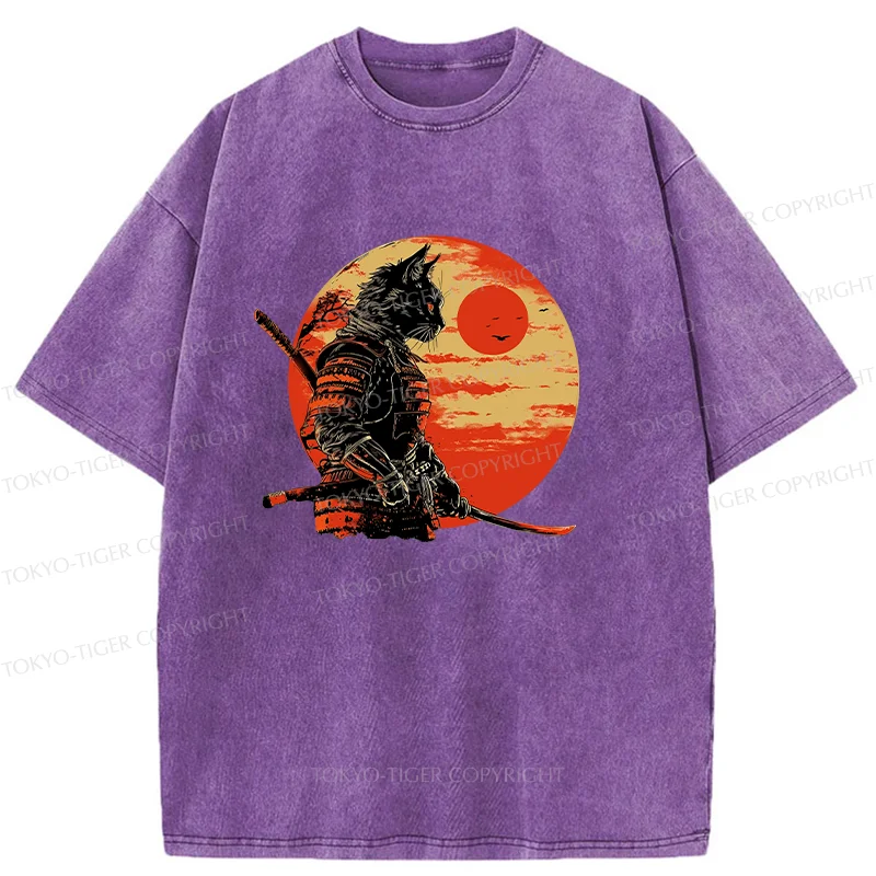 Tokyo-Tiger Cat Samurai And Sunset Washed T-Shirt