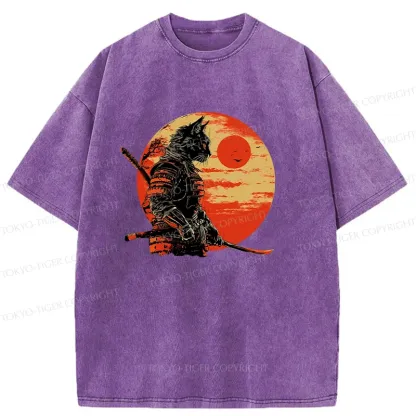 Tokyo-Tiger Cat Samurai And Sunset Washed T-Shirt