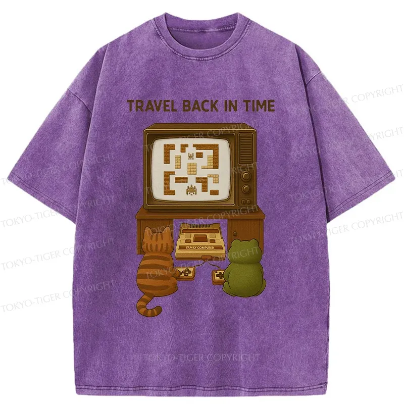 Tokyo-Tiger Cat And Frog Playing Games Washed T-Shirt