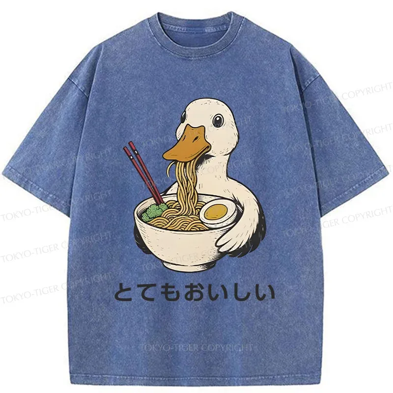 Tokyo-Tiger Goose Eating Delicious Ramen Washed T-Shirt