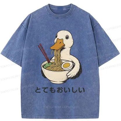 Tokyo-Tiger Goose Eating Delicious Ramen Washed T-Shirt
