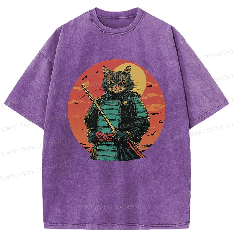 Tokyo-Tiger Handsome Cat Samurai Washed T-Shirt