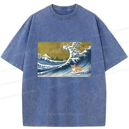 Tokyo-Tiger Corgi Surfing Washed T-Shirt