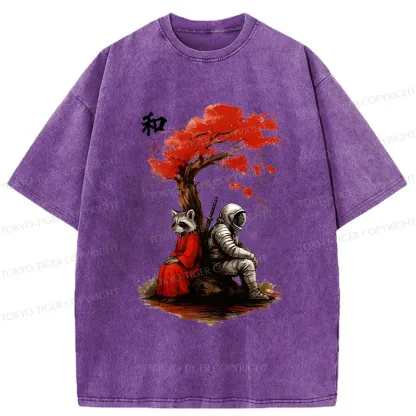 Tokyo-Tiger Raccoon And Astronaut By Tree Washed T-Shirt