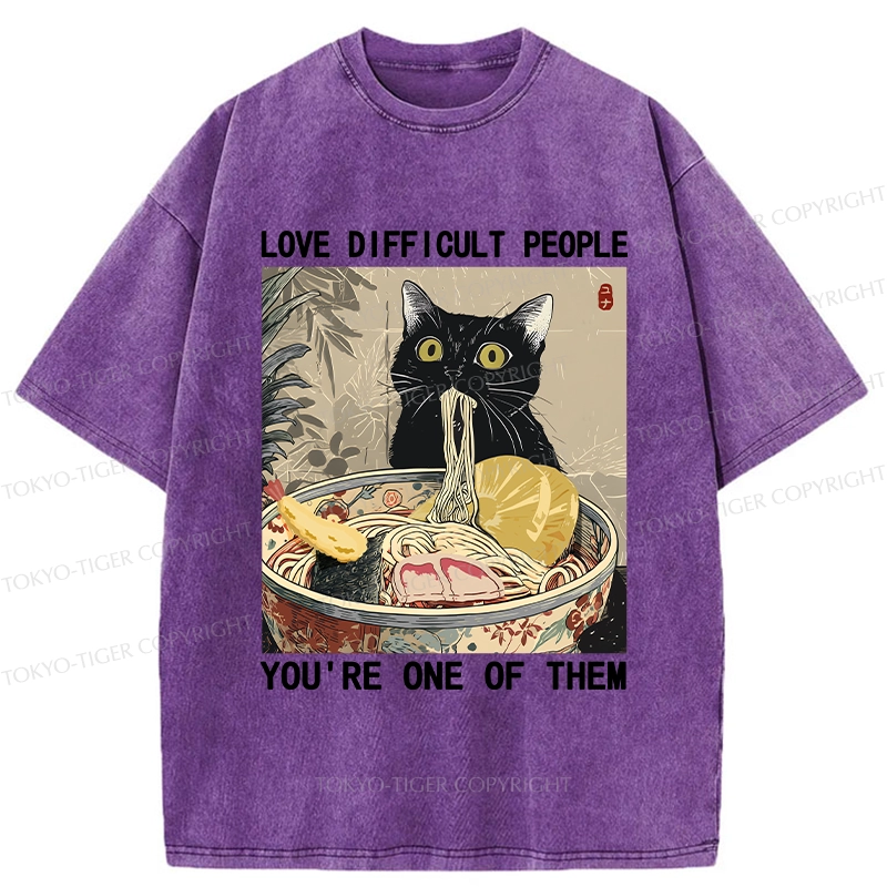 Tokyo-Tiger Kawaii Cat Eating Ramen Washed T-Shirt
