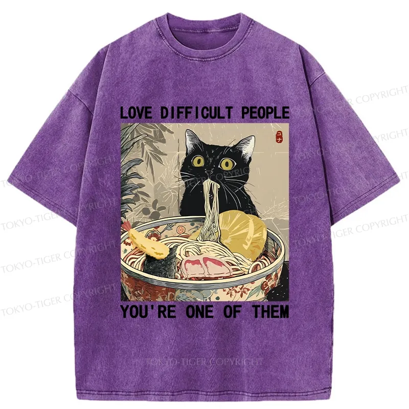 Tokyo-Tiger Kawaii Cat Eating Ramen Washed T-Shirt