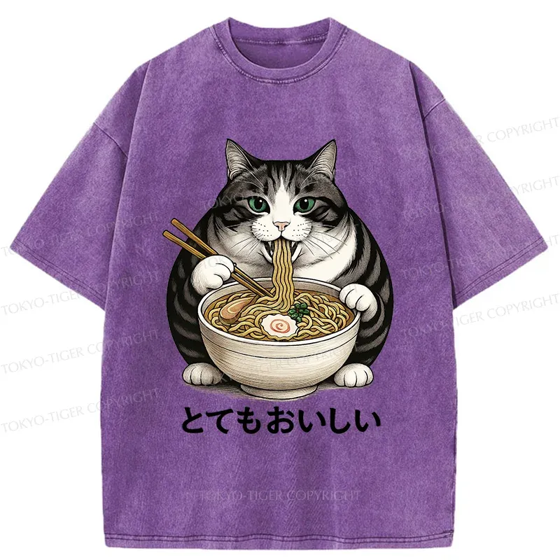 Tokyo-Tiger Fat Cat Eating Delicious Ramen Washed T-Shirt