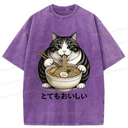 Tokyo-Tiger Fat Cat Eating Delicious Ramen Washed T-Shirt