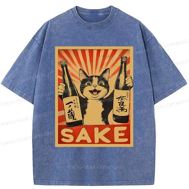 Tokyo-Tiger Cat Holding Wine Washed T-Shirt