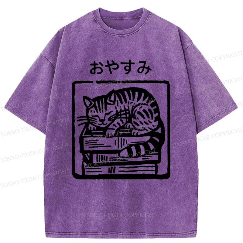 Tokyo-Tiger Cat Sleeping On The Bookshelf Washed T-Shirt