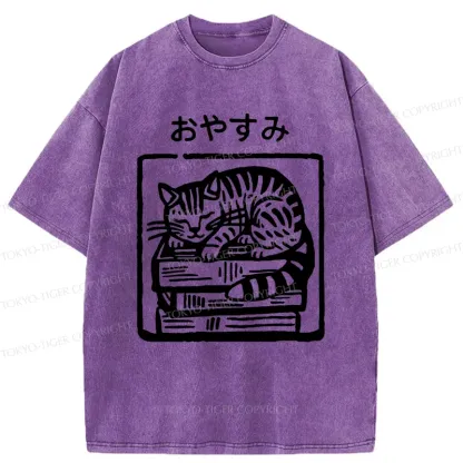 Tokyo-Tiger Cat Sleeping On The Bookshelf Washed T-Shirt
