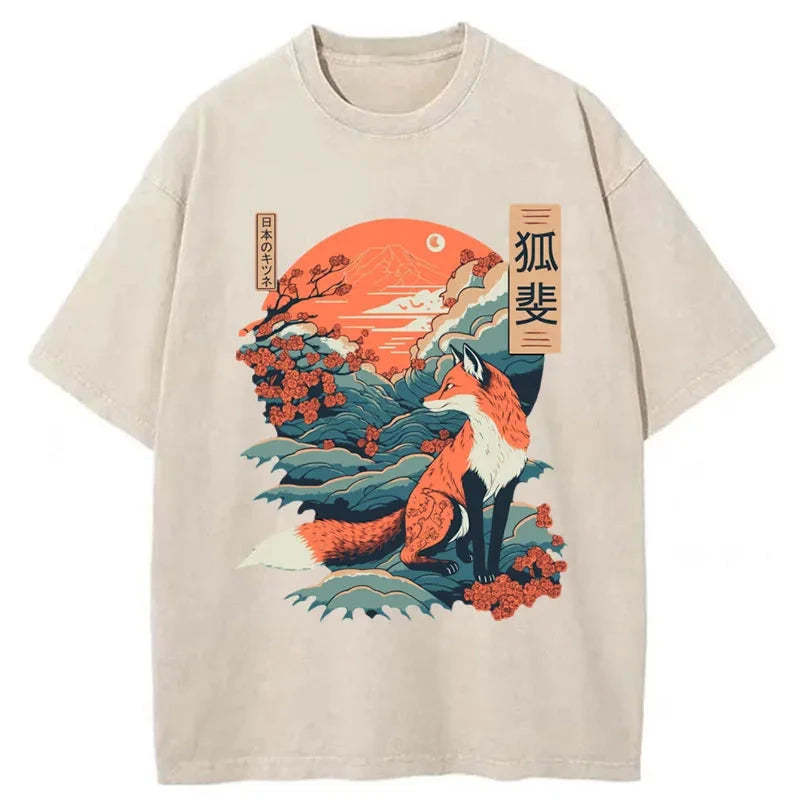 Tokyo-Tiger Japanese Kitsune Fox Sakura Washed T-Shirt