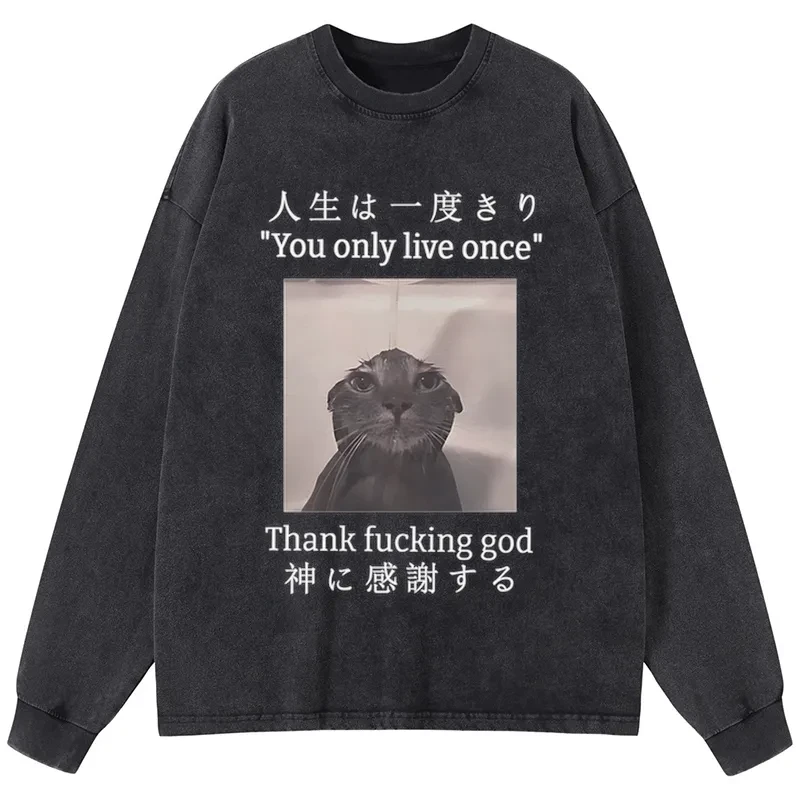 Tokyo-Tiger Funny Melancholy Cat Washed Long Sleeve T-Shirt