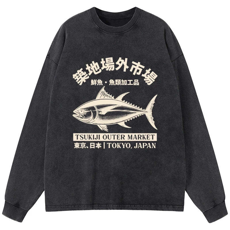 Tokyo-Tiger Sakana Tsukiji Fish Market Washed Long Sleeve T-Shirt Sale