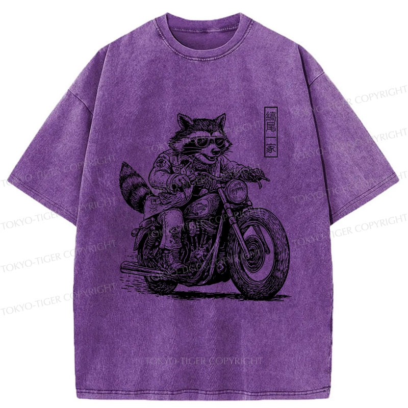 Tokyo-Tiger Raccoon Riding A Motorcycle Washed T-Shirt