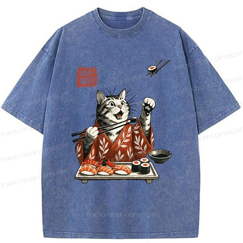 Tokyo-Tiger American Shorthair Cat Eating Sushi Washed T-Shirt