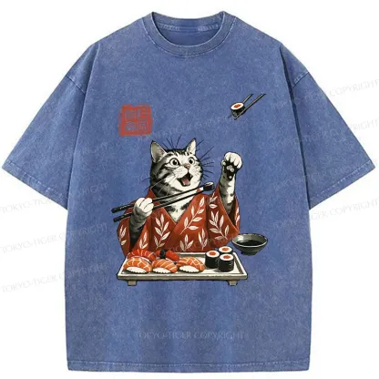Tokyo-Tiger American Shorthair Cat Eating Sushi Washed T-Shirt