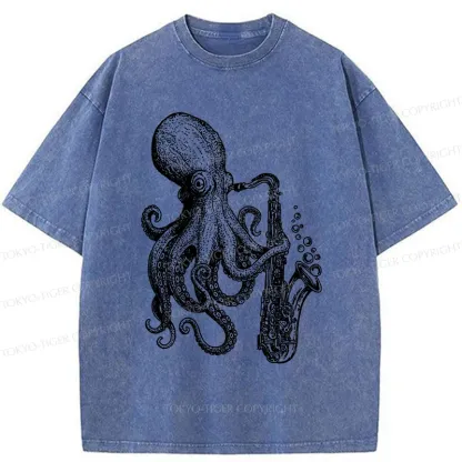 Tokyo-Tiger Octopus Playing Saxophone Washed T-Shirt