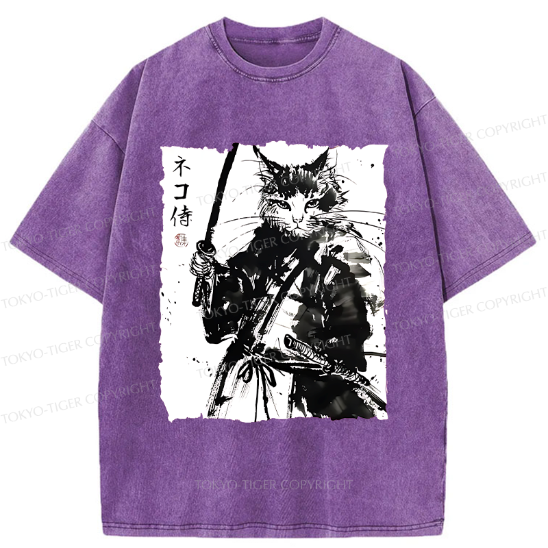 Tokyo-Tiger Ink Painting Cat Samurai Washed T-Shirt
