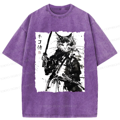 Tokyo-Tiger Ink Painting Cat Samurai Washed T-Shirt