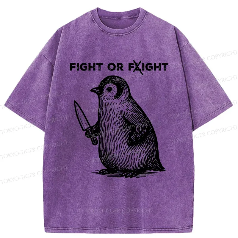 Tokyo-Tiger Funny Fight Or Flight Penguin Washed T-Shirt