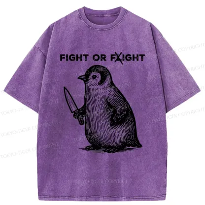 Tokyo-Tiger Funny Fight Or Flight Penguin Washed T-Shirt