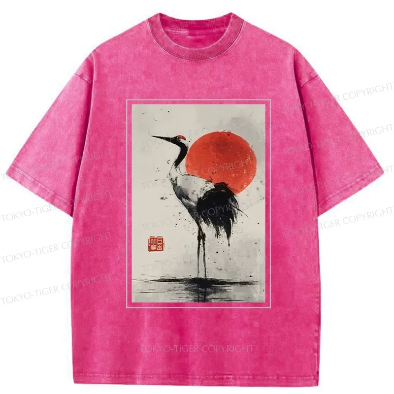 Tokyo-Tiger Retro Japanese Red-crowned Crane Washed T-Shirt