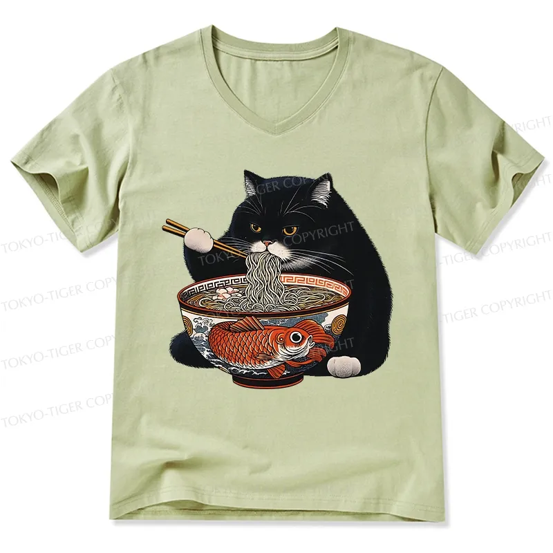 Tokyo-Tiger Fat Cat Eating Ramen V-Neck Classic T-Shirt